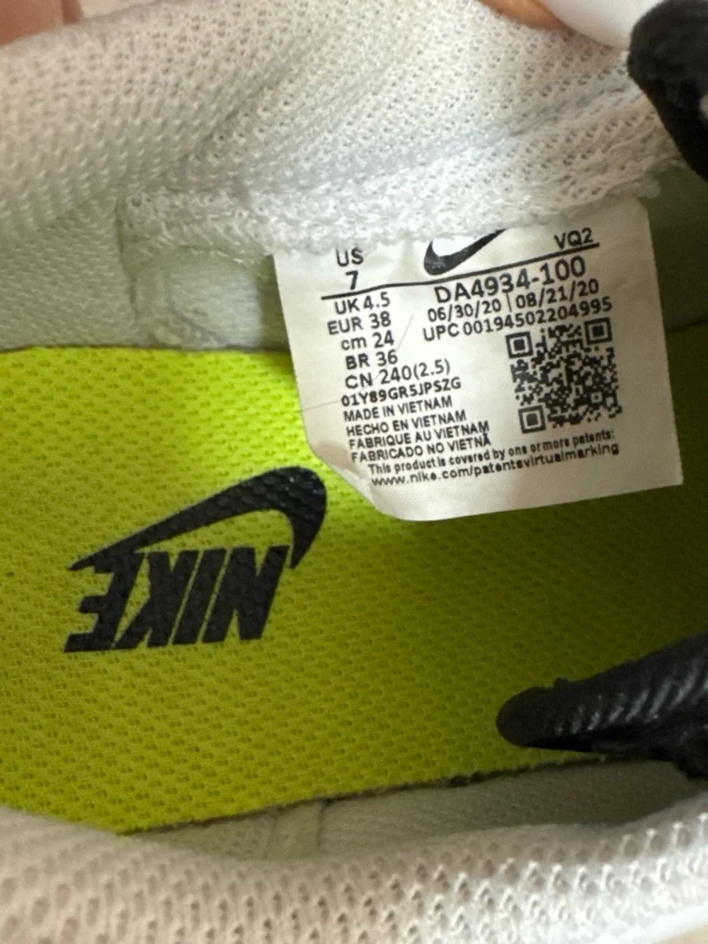 Nike White Sneakers with Black Swoosh and Neon Yellow Insole